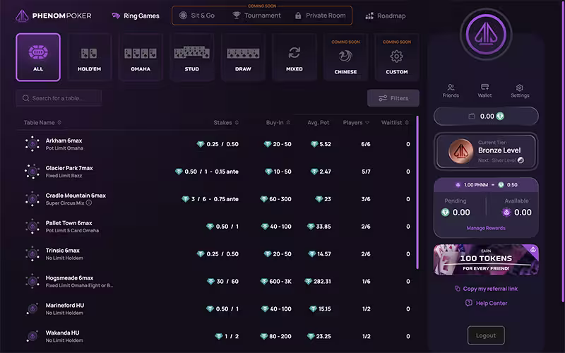 Phenom Poker tournament and event screen
