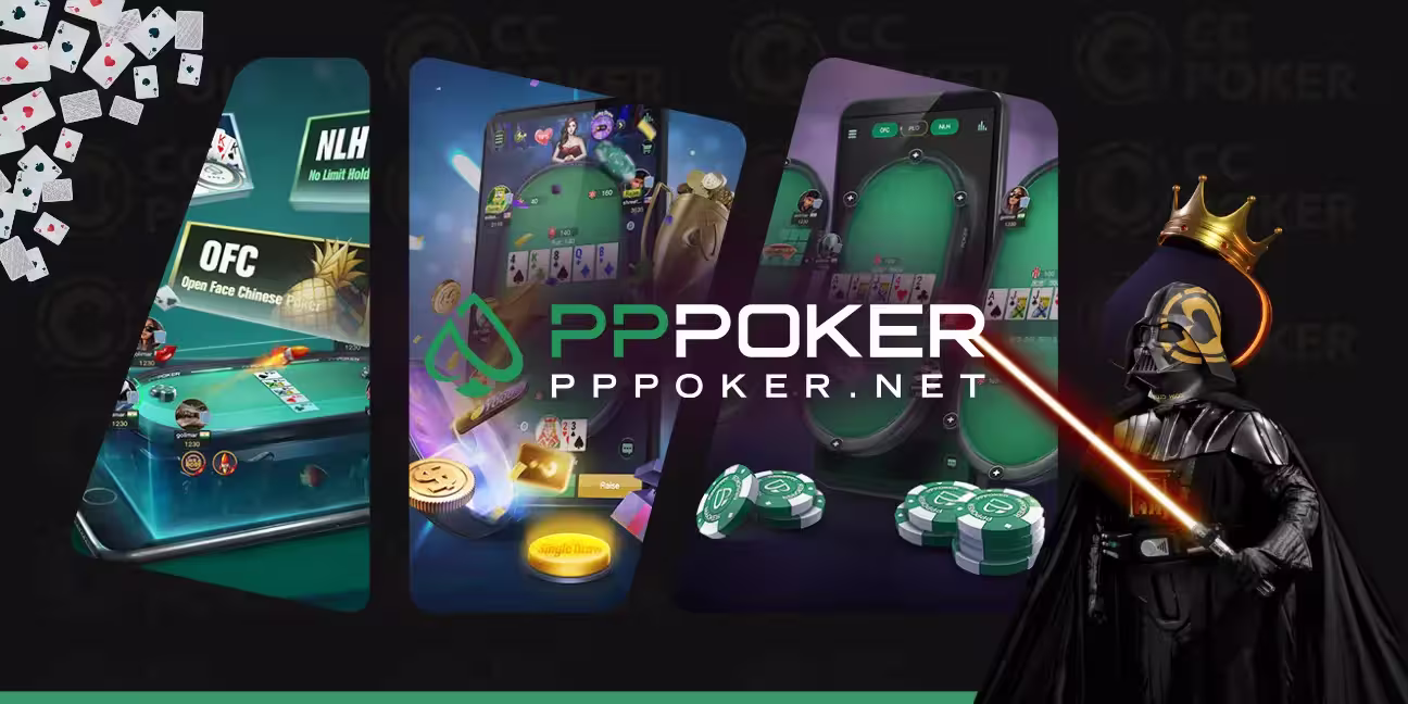 PPPoker mobile poker app banner showing NLH, OFC and portrait poker tables