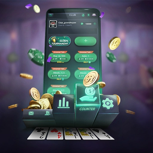 PPPoker club lobby illustration with mobile tables and poker chips