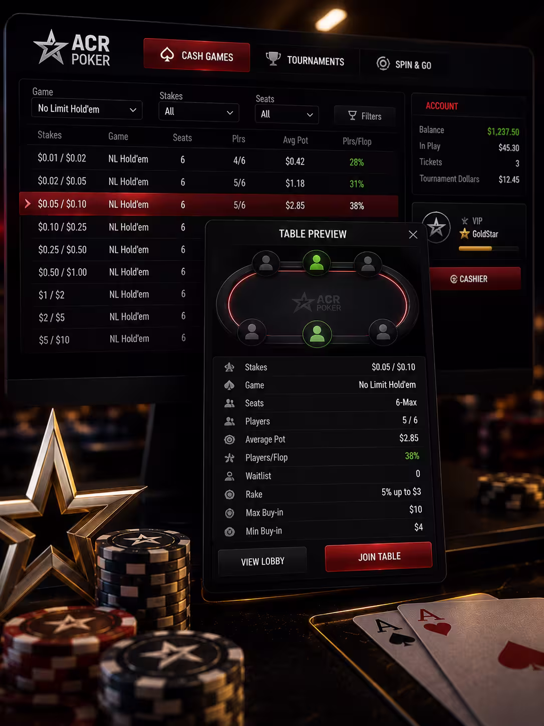 ACR Poker lobby and table preview