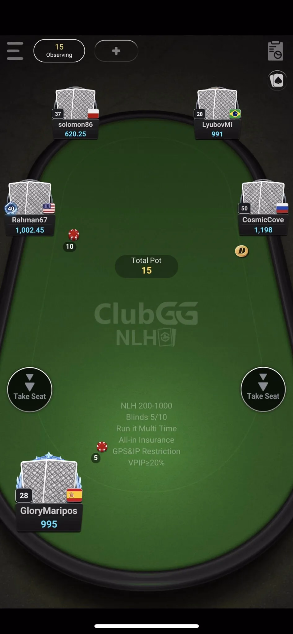 ClubGG Hold’em table shown on a mobile device