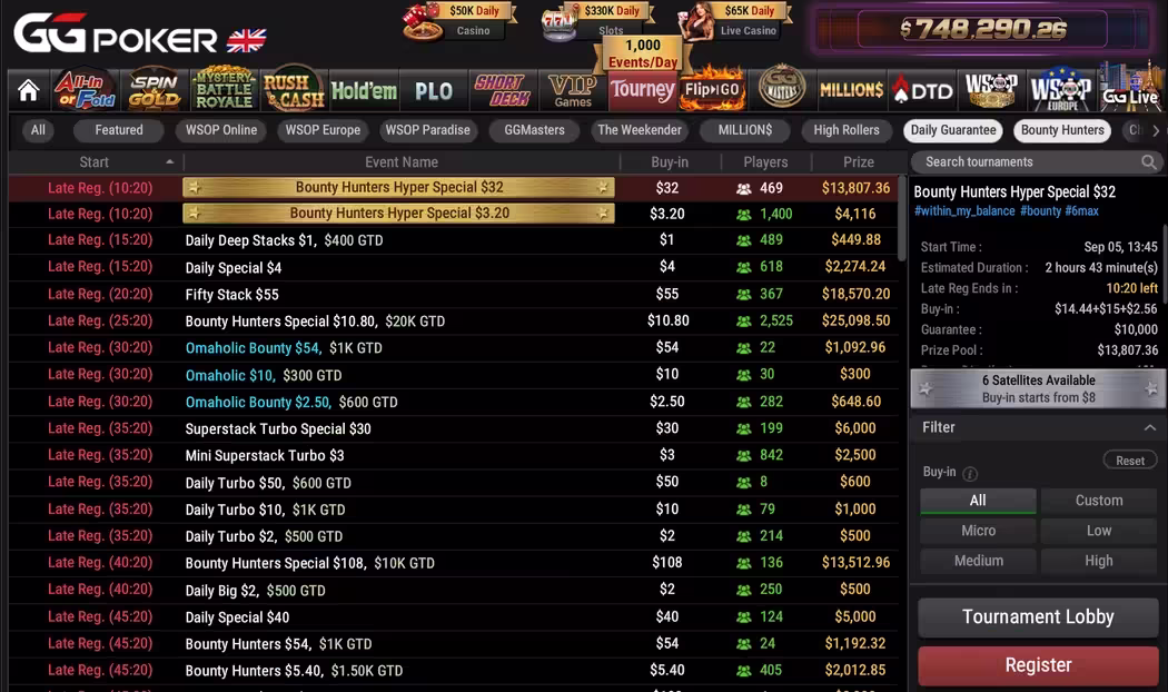 GGPoker tournament lobby and event schedule