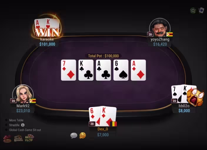 GGPoker online poker table with player avatars and showdown cards