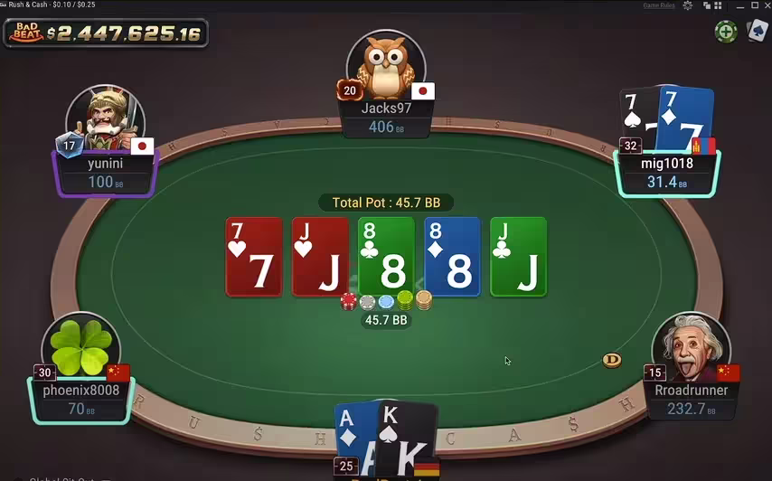 GGPoker Rush and Cash table showing community cards and built-in player profiles