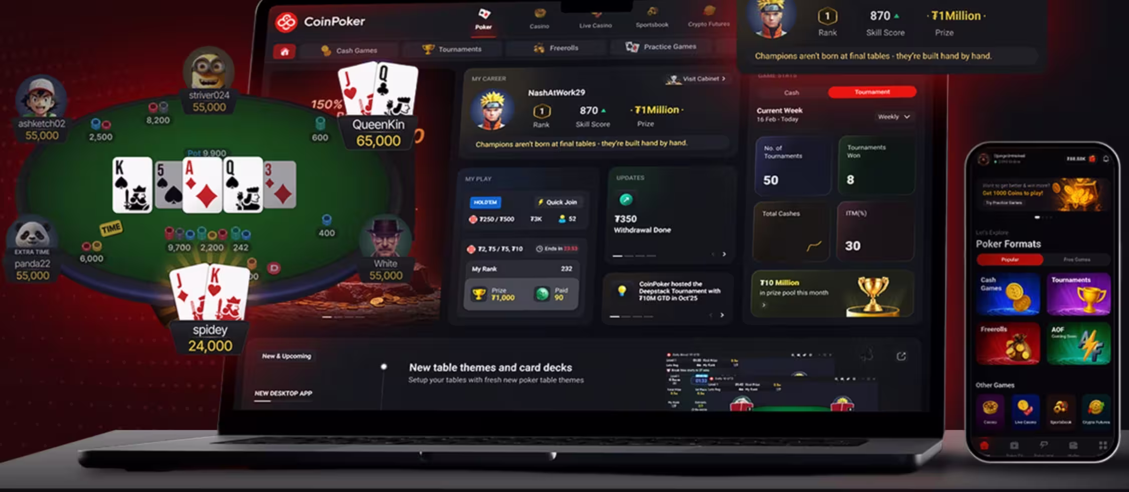 CoinPoker poker software shown across desktop and mobile screens