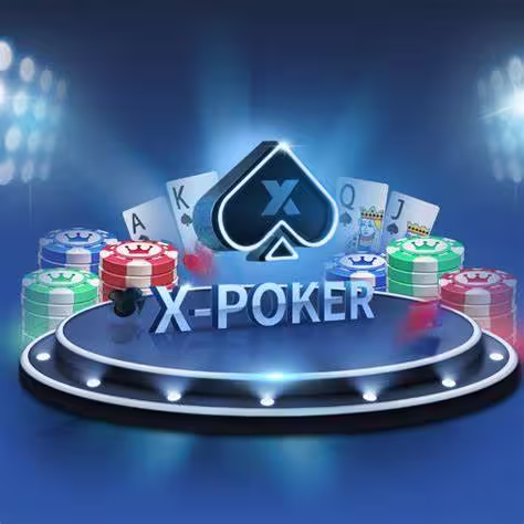 X-Poker logo surrounded by poker chips and playing cards