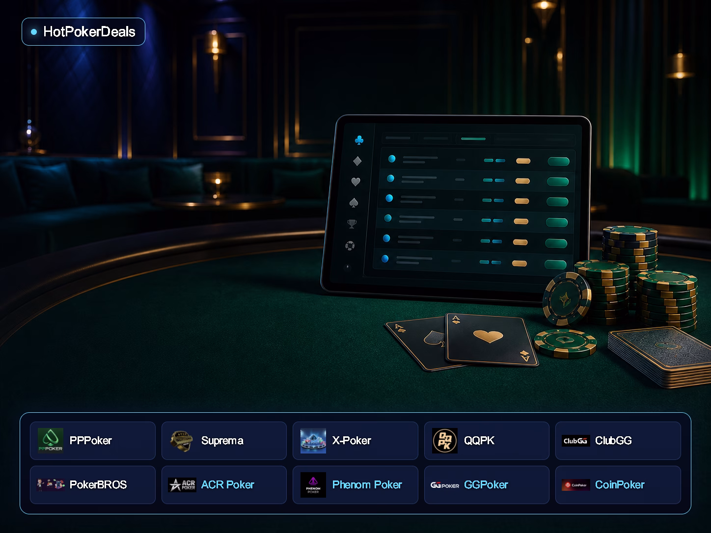 HotPokerDeals مع شعارات ClubGG وPokerBROS وPPPoker وSuprema وX-Poker وQQPK وGGPoker وCoinPoker وACR Poker وPhenom Poker — رسم توضيحي لشاشة لوبي بوكر