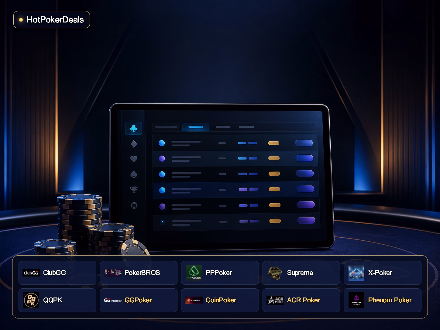 HotPokerDeals mit Logos von ClubGG, PokerBROS, PPPoker, Suprema, X-Poker, QQPK, GGPoker, CoinPoker, ACR Poker und Phenom Poker — stilisierte Ansicht einer Pokerlobby
