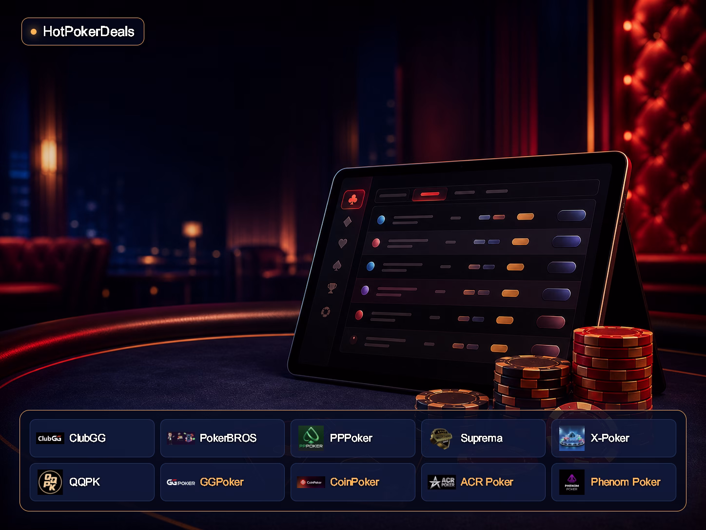 HotPokerDeals con los logotipos de ClubGG, PokerBROS, PPPoker, Suprema, X-Poker, QQPK, GGPoker, CoinPoker, ACR Poker y Phenom Poker — pantalla estilizada de un lobby de póker