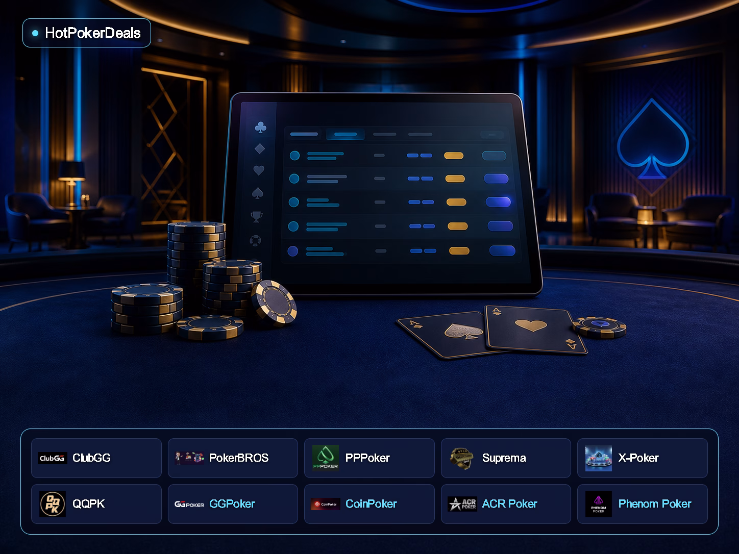 HotPokerDeals kasama ang mga logo ng ClubGG, PokerBROS, PPPoker, Suprema, X-Poker, QQPK, GGPoker, CoinPoker, ACR Poker at Phenom Poker — ilustrasyon ng screen ng poker lobby