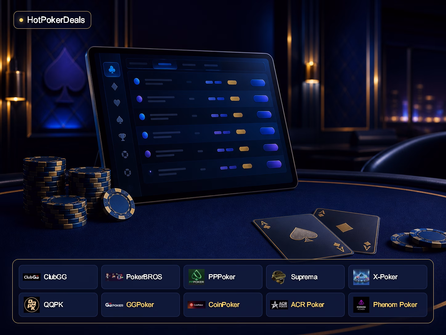 HotPokerDeals avec les logos de ClubGG, PokerBROS, PPPoker, Suprema, X-Poker, QQPK, GGPoker, CoinPoker, ACR Poker et Phenom Poker — illustration stylisée d’un lobby de poker