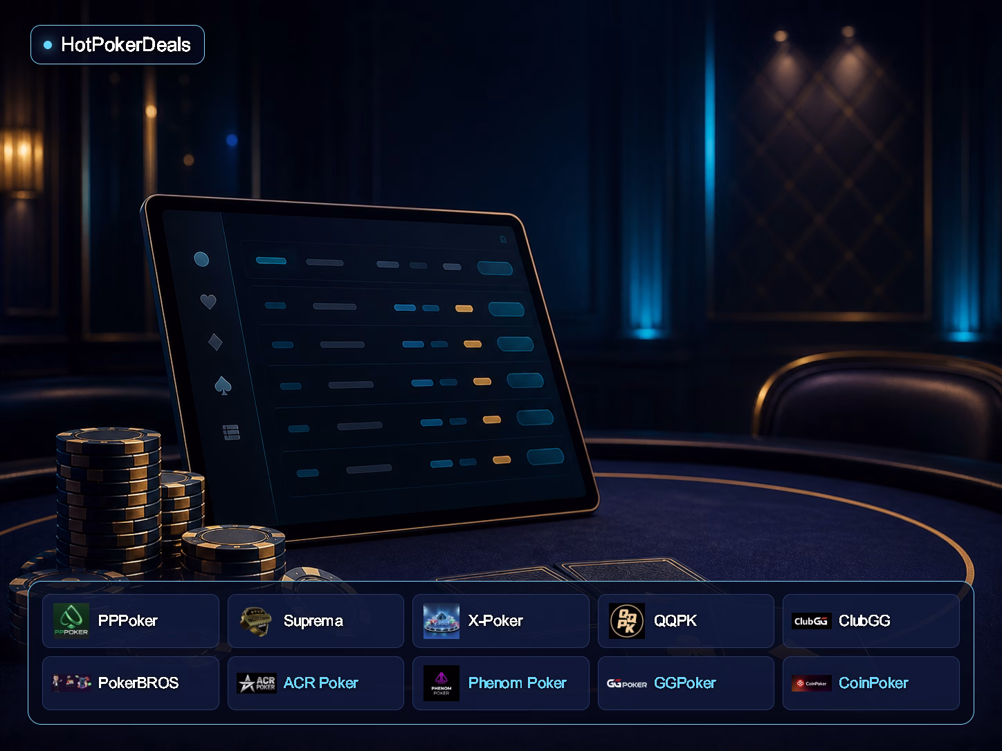 HotPokerDeals עם הלוגואים של ClubGG, PokerBROS, PPPoker, Suprema, X-Poker, QQPK, GGPoker, CoinPoker, ACR Poker ו-Phenom Poker — איור מסוגנן של מסך לובי פוקר