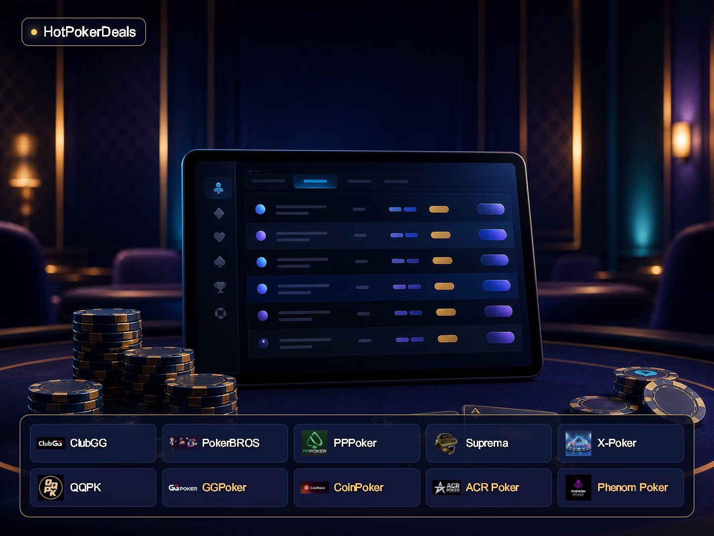 HotPokerDeals के साथ ClubGG, PokerBROS, PPPoker, Suprema, X-Poker, QQPK, GGPoker, CoinPoker, ACR Poker और Phenom Poker के लोगो — पोकर लॉबी की स्क्रीन का शैलीबद्ध चित्र