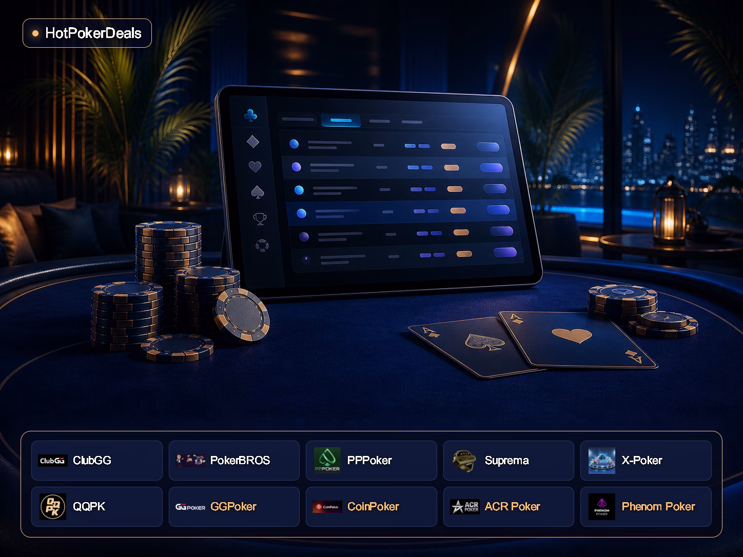 HotPokerDeals dengan logo ClubGG, PokerBROS, PPPoker, Suprema, X-Poker, QQPK, GGPoker, CoinPoker, ACR Poker, dan Phenom Poker — ilustrasi layar lobi poker