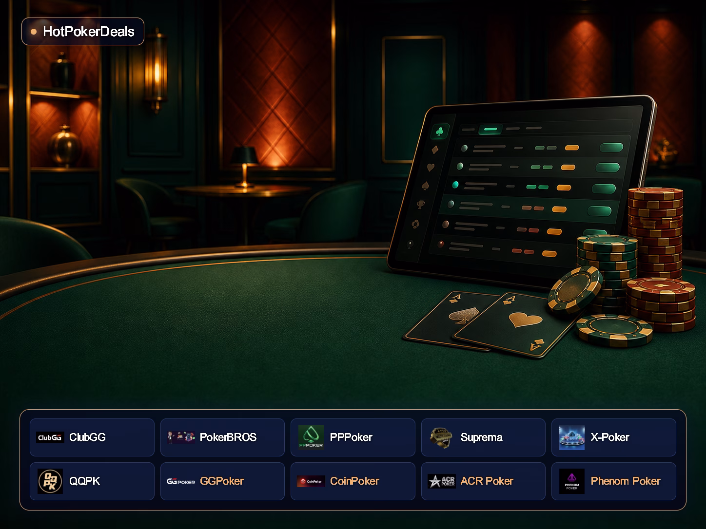 HotPokerDeals con i loghi di ClubGG, PokerBROS, PPPoker, Suprema, X-Poker, QQPK, GGPoker, CoinPoker, ACR Poker e Phenom Poker — illustrazione stilizzata di una lobby di poker