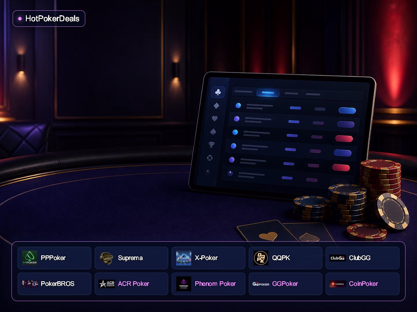 HotPokerDealsとClubGG、PokerBROS、PPPoker、Suprema、X-Poker、QQPK、GGPoker、CoinPoker、ACR Poker、Phenom Pokerのロゴ — ポーカーロビー画面のイラスト