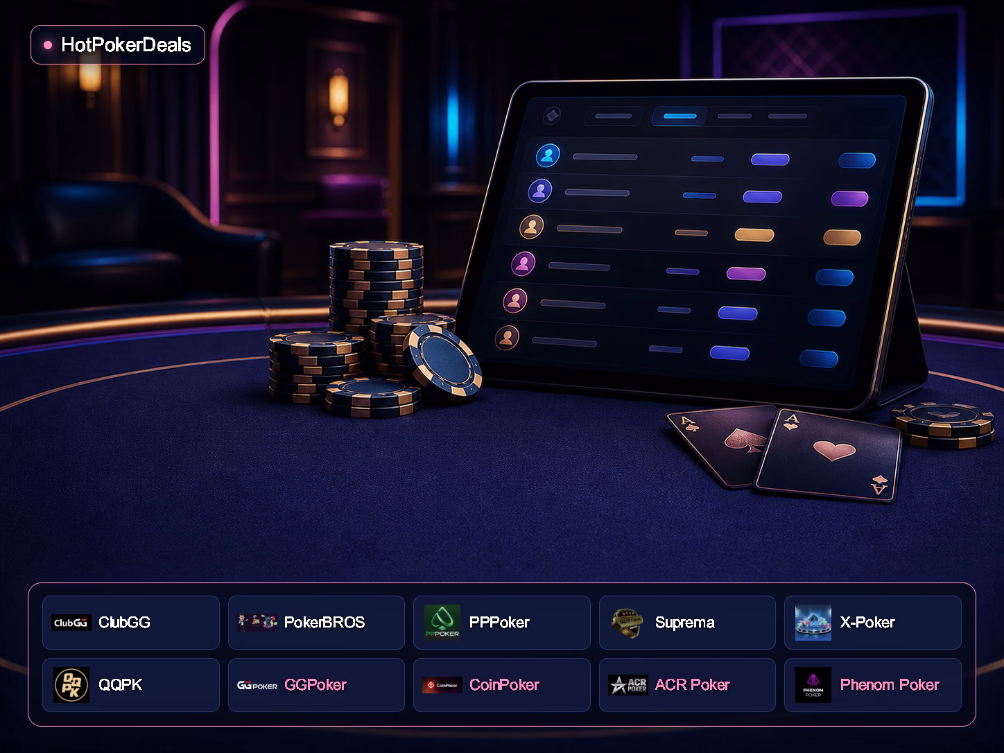 HotPokerDeals와 ClubGG, PokerBROS, PPPoker, Suprema, X-Poker, QQPK, GGPoker, CoinPoker, ACR Poker, Phenom Poker 로고 — 포커 로비 화면 일러스트