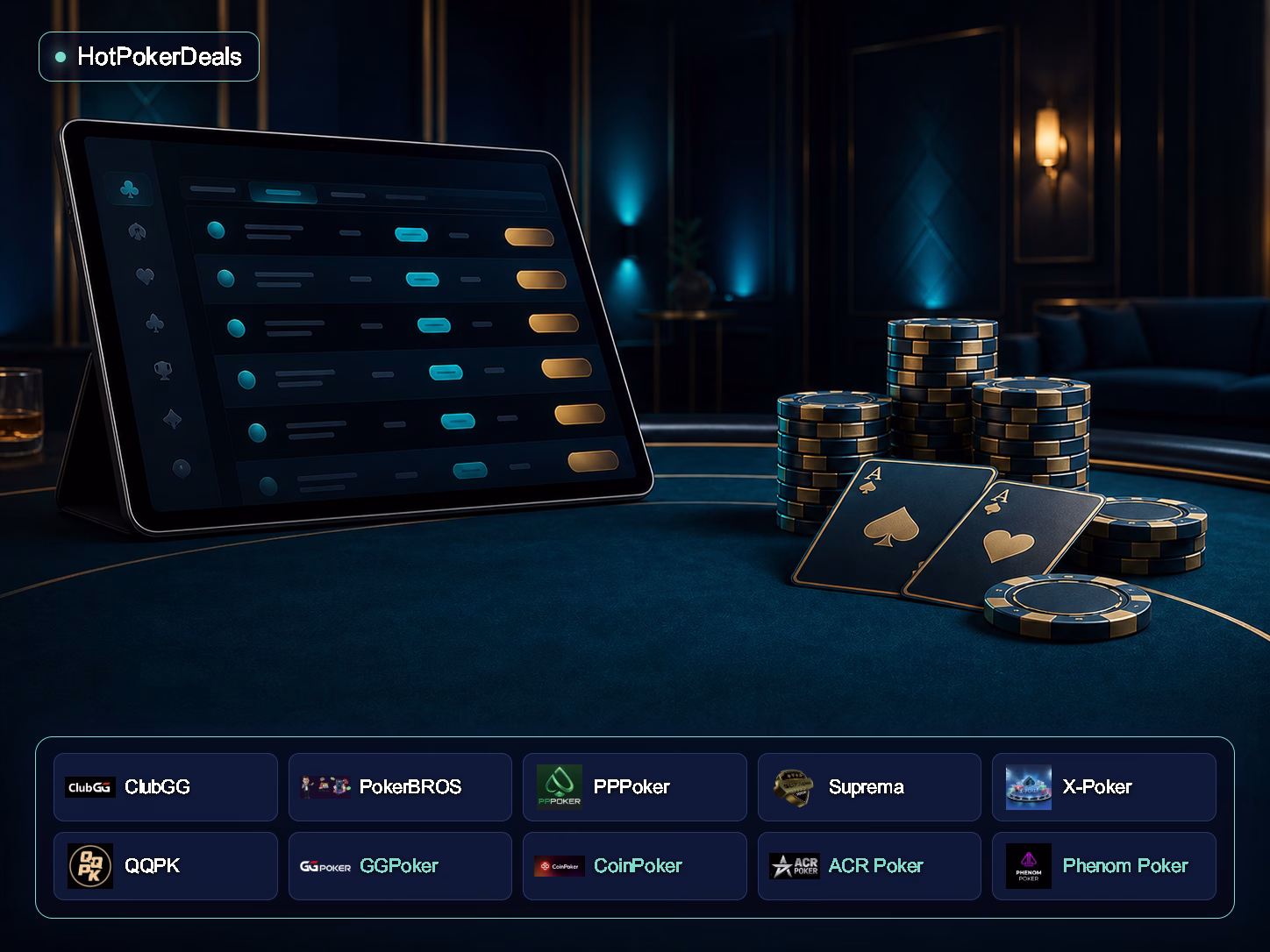 HotPokerDeals dengan logo ClubGG, PokerBROS, PPPoker, Suprema, X-Poker, QQPK, GGPoker, CoinPoker, ACR Poker dan Phenom Poker — ilustrasi skrin lobi poker