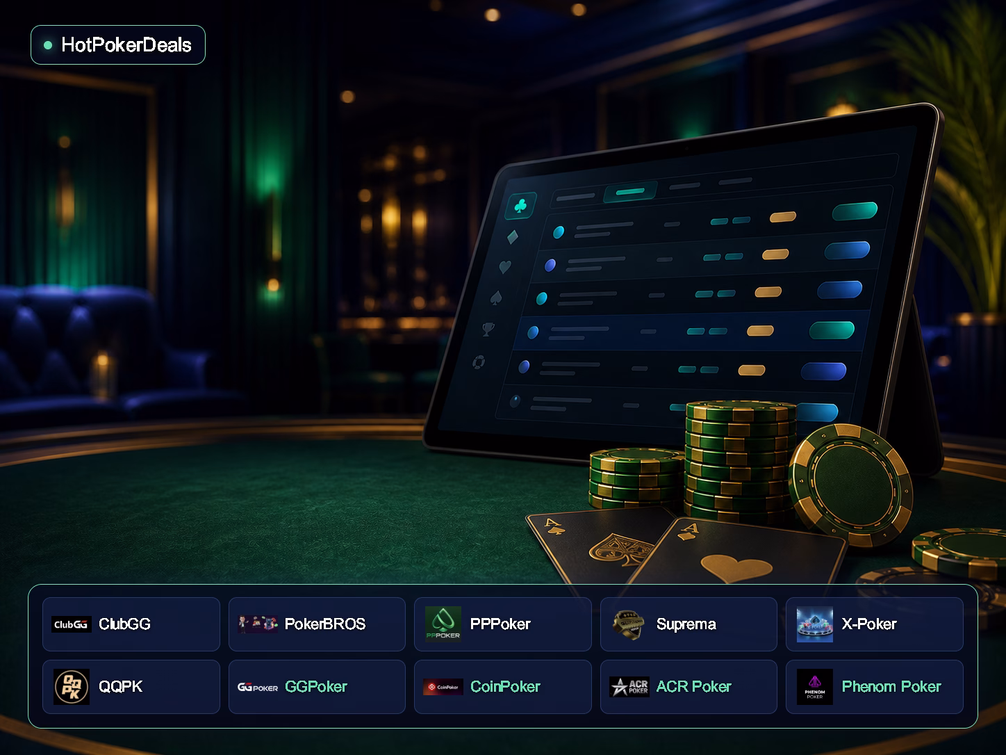 HotPokerDeals com os logotipos de ClubGG, PokerBROS, PPPoker, Suprema, X-Poker, QQPK, GGPoker, CoinPoker, ACR Poker e Phenom Poker — ilustração estilizada de um lobby de poker