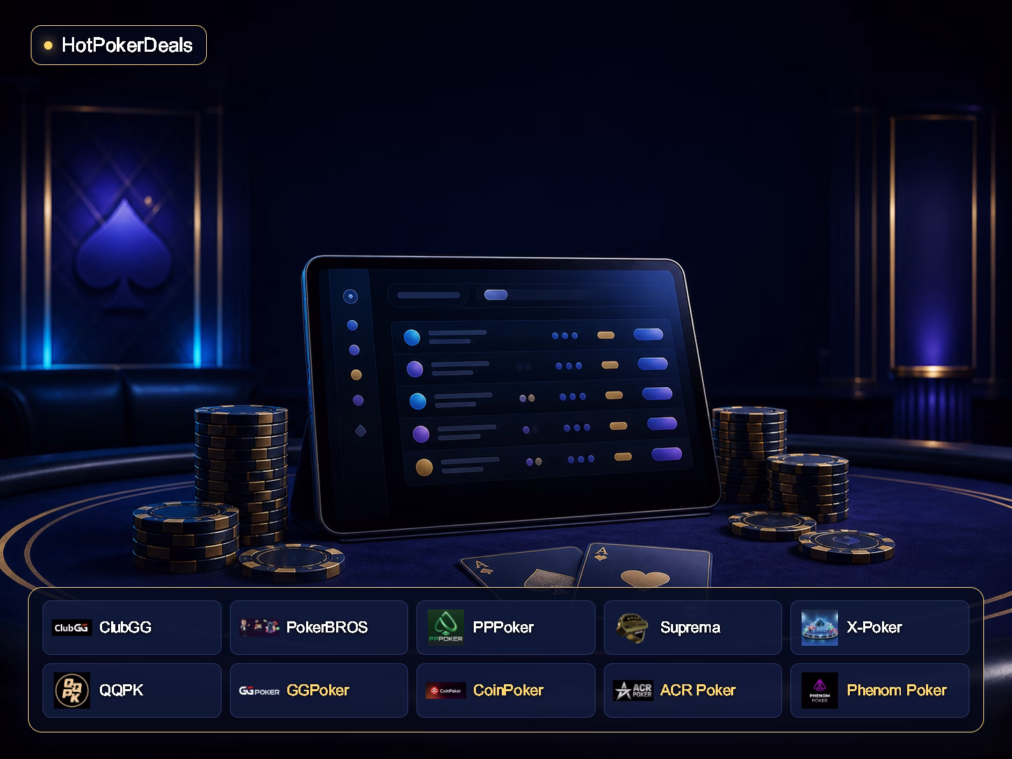 HotPokerDeals с логотипами ClubGG, PokerBROS, PPPoker, Suprema, X-Poker, QQPK, GGPoker, CoinPoker, ACR Poker и Phenom Poker — стилизованное изображение покерного лобби
