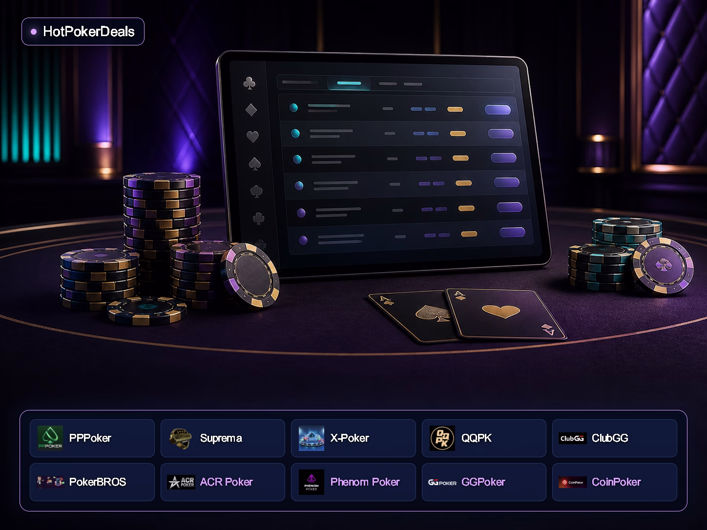 HotPokerDeals พร้อมโลโก้ ClubGG, PokerBROS, PPPoker, Suprema, X-Poker, QQPK, GGPoker, CoinPoker, ACR Poker และ Phenom Poker — ภาพประกอบหน้าจอล็อบบี้โป๊กเกอร์