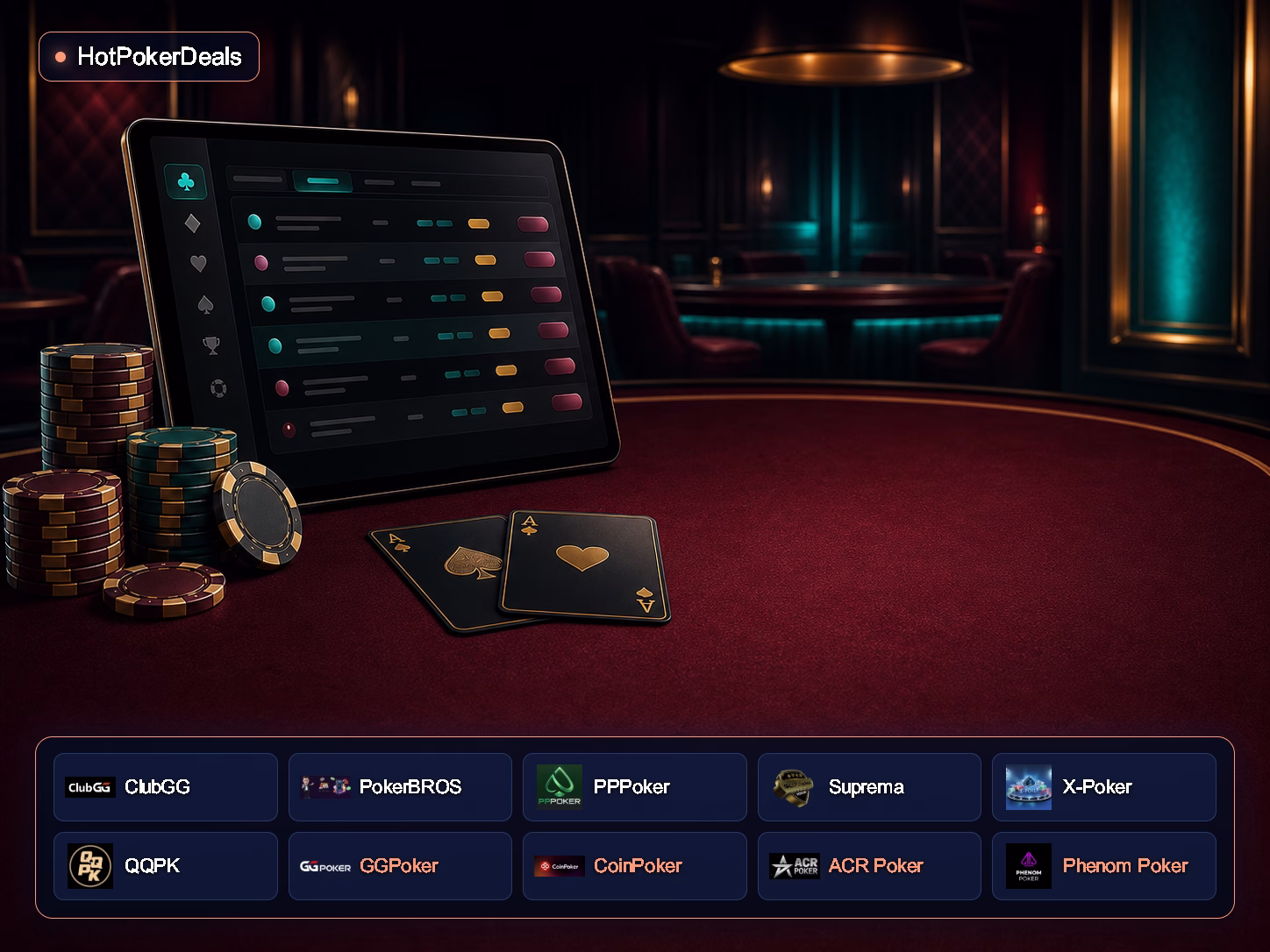 HotPokerDeals ve ClubGG, PokerBROS, PPPoker, Suprema, X-Poker, QQPK, GGPoker, CoinPoker, ACR Poker ve Phenom Poker logolarının yer aldığı stilize bir poker lobisi görseli