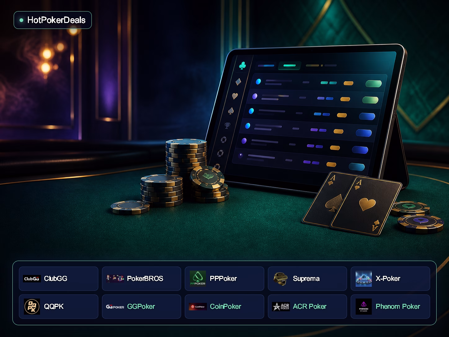 HotPokerDeals với logo ClubGG, PokerBROS, PPPoker, Suprema, X-Poker, QQPK, GGPoker, CoinPoker, ACR Poker và Phenom Poker — hình minh họa cách điệu giao diện sảnh poker
