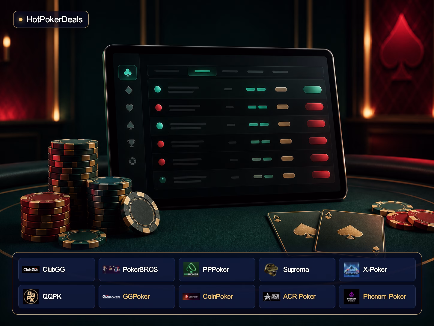 HotPokerDeals 与 ClubGG、PokerBROS、PPPoker、Suprema、X-Poker、QQPK、GGPoker、CoinPoker、ACR Poker 和 Phenom Poker 的标志 — 扑克大厅界面插画