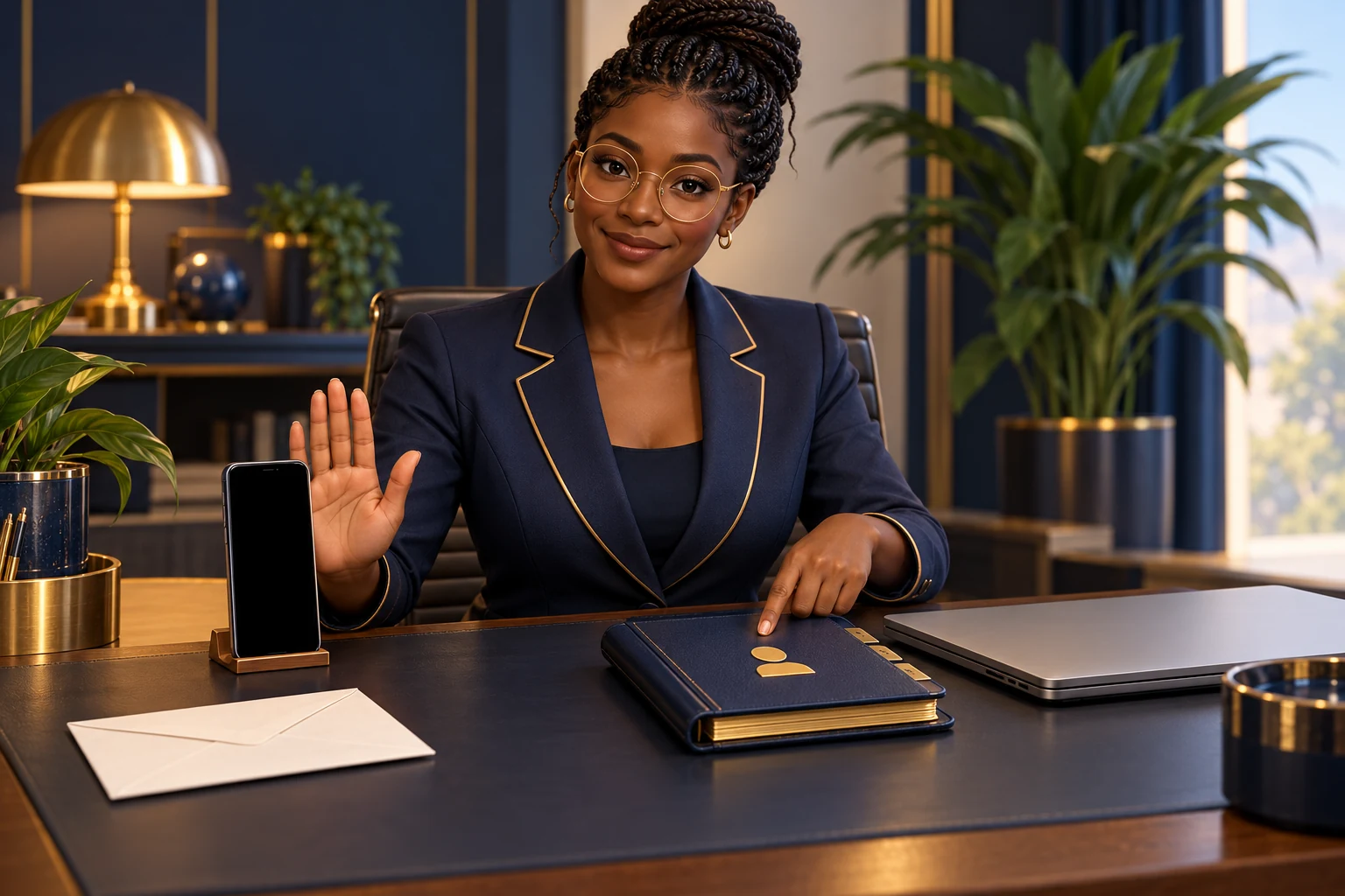 Amina sets an unexpected envelope aside and points toward a separate contact folder beside a closed laptop.