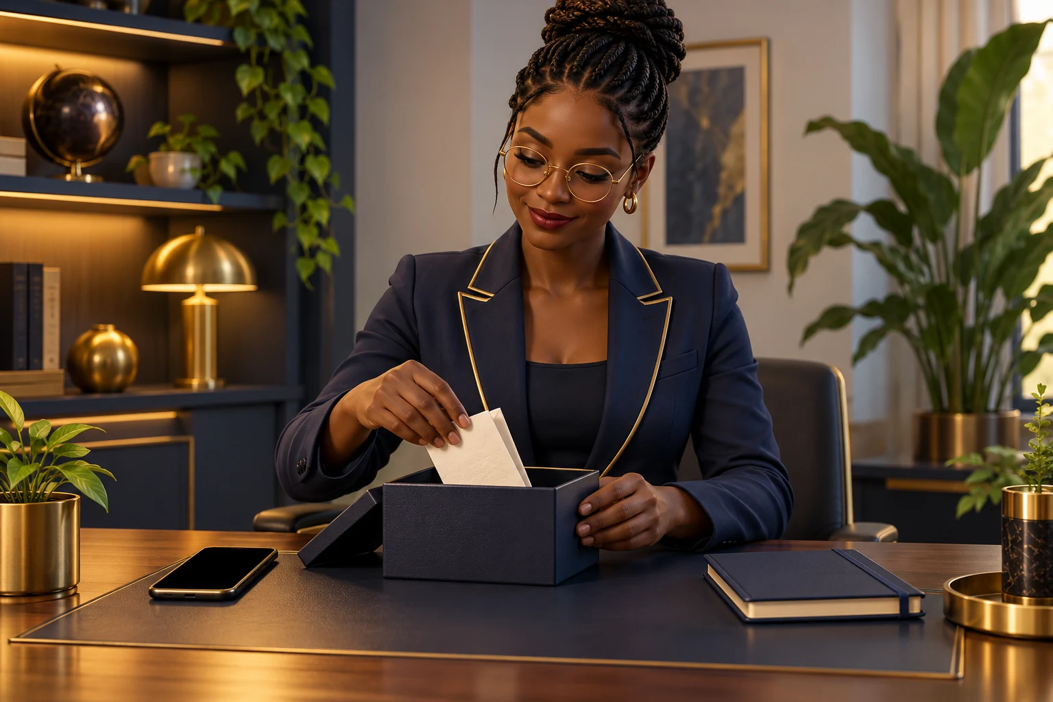 Amina places a folded blank recovery note in a document box beside a phone and a separate notebook.