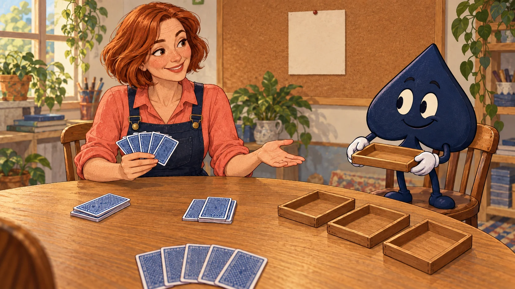 Petra, a teacher with freckles and an auburn bob, holds private cards while the navy spade carries an empty tray at the practice table.
