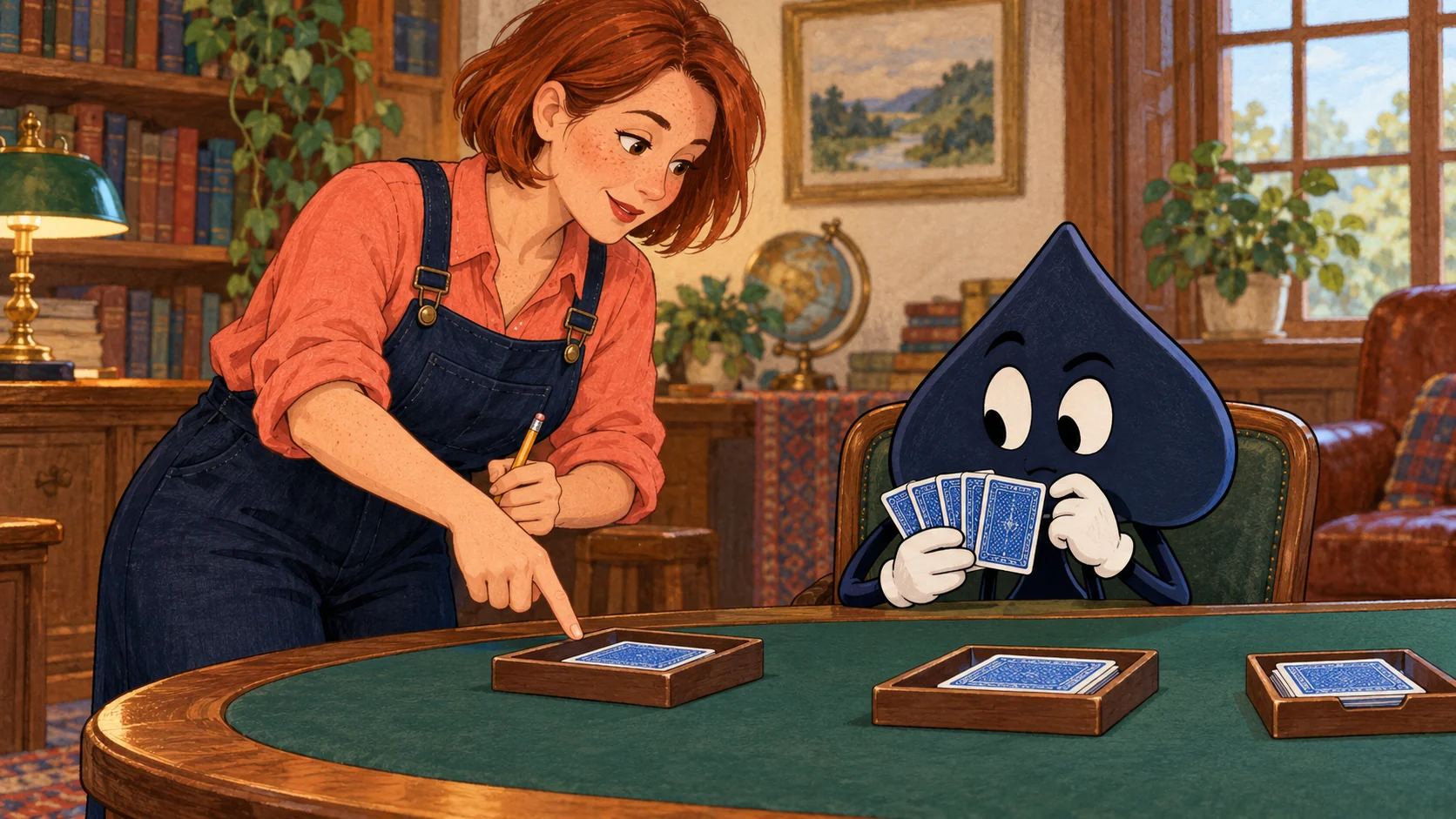 Petra stands and points toward a discard tray while the navy spade studies its cards, with other trays arranged farther along the table.