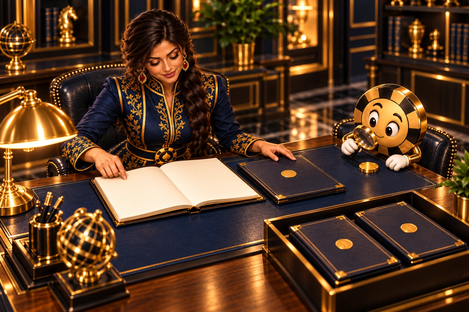 Indira compares a ledger with a folder while Ace the HPD spade examines a token beside closed archive folders.
