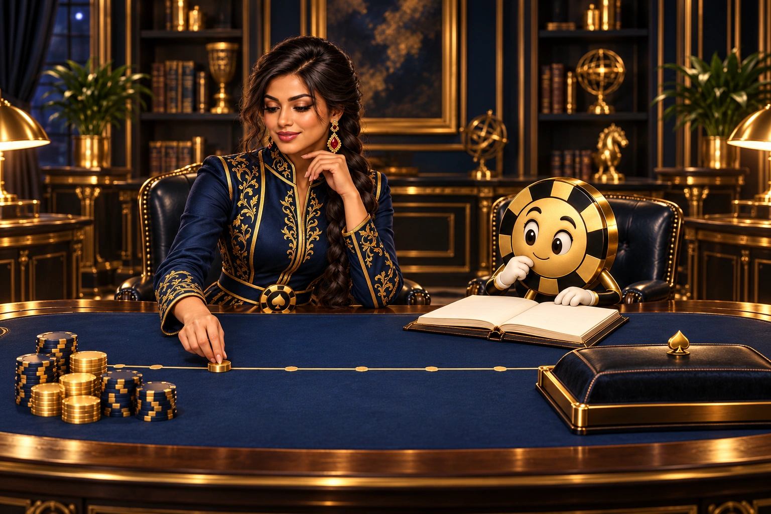 Indira marks a point on a desk timeline while Ace the HPD spade studies a ledger.