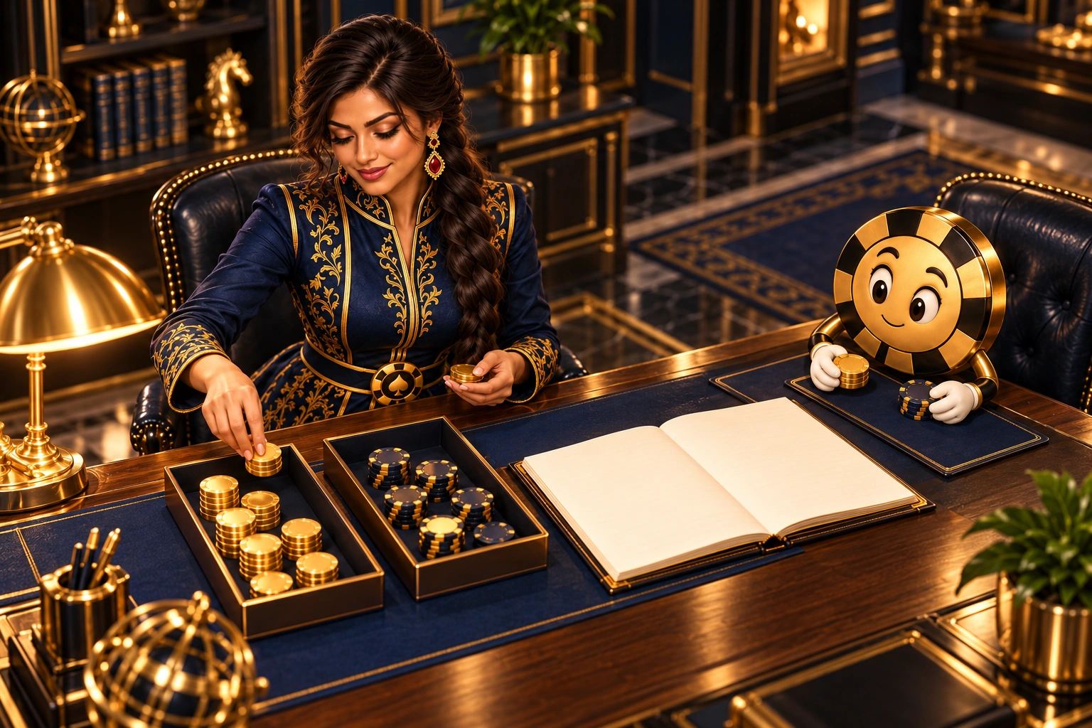 Indira sorts chip tokens into trays while Ace the HPD spade holds other tokens aside.