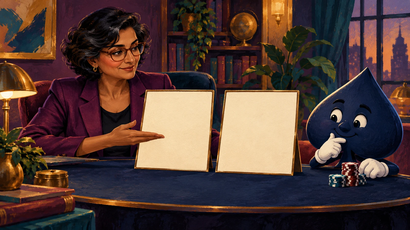 A teacher presents two blank choice cards beside Ace the HPD spade.