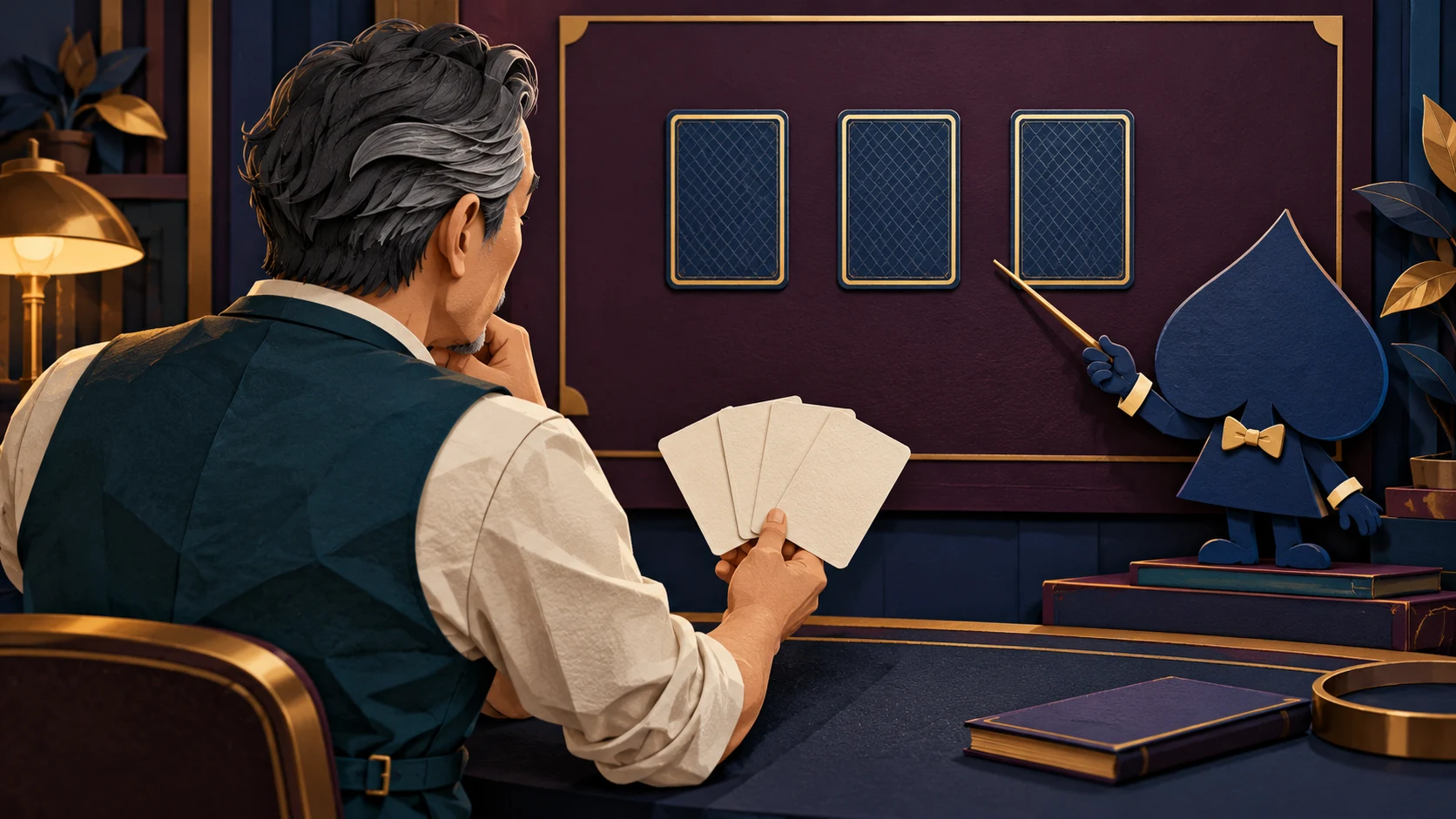 A instructor holds blank cards while Ace the HPD spade points to three card backs on a board.