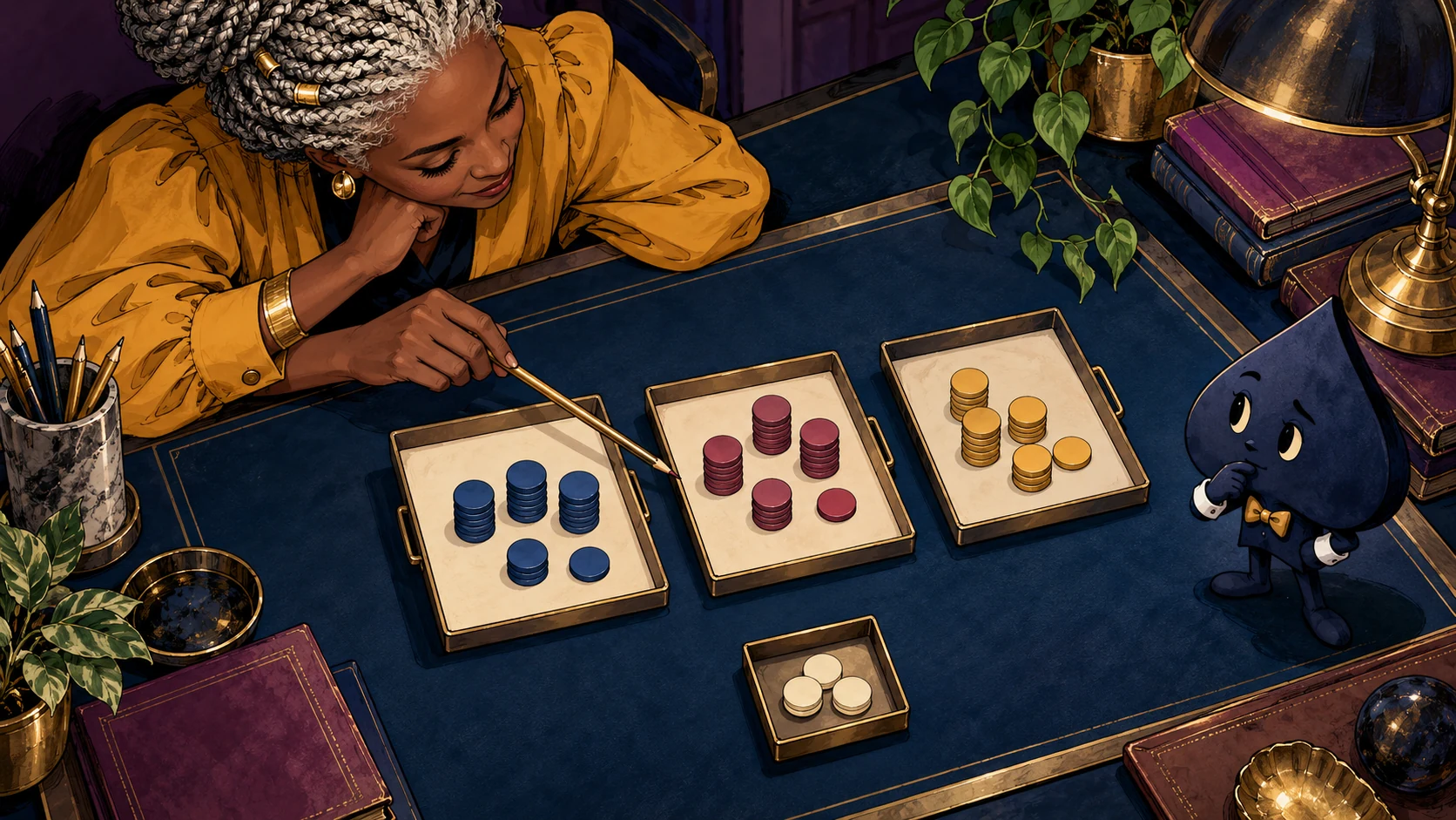 A teacher sorts practice counters into separate trays while Ace the HPD spade watches.
