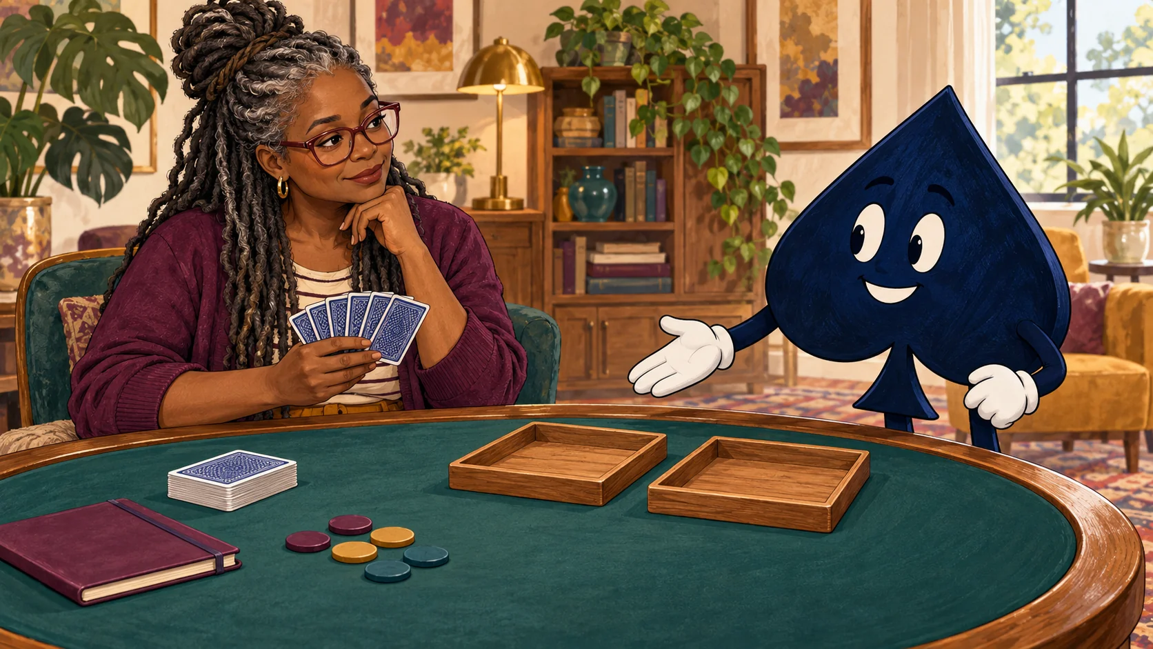 Amara, a teacher with salt-and-pepper locs and rosewood glasses, holds private cards while the navy spade gestures toward two empty payout trays.
