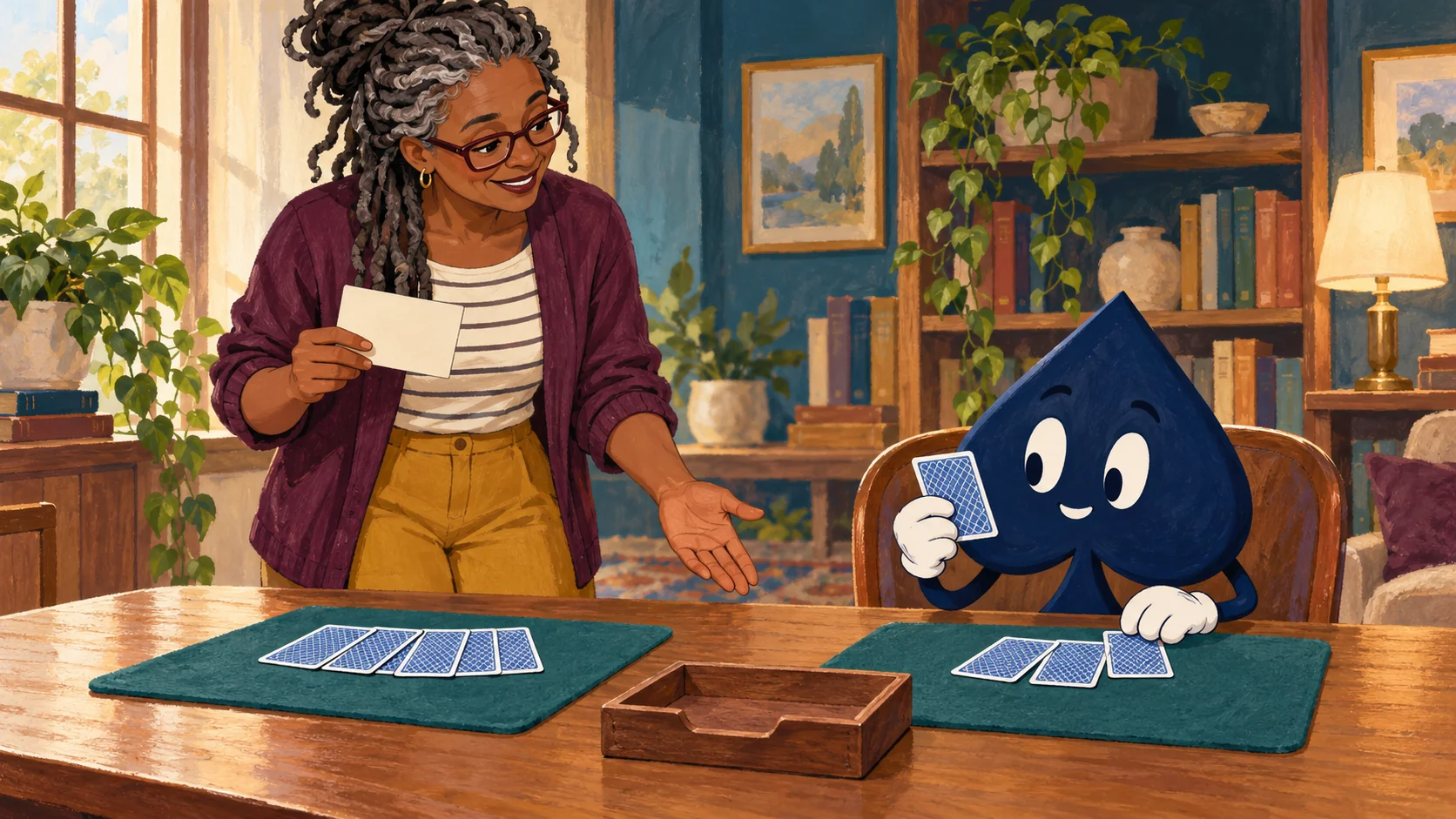 Amara stands beside two practice mats with a blank index card while the seated navy spade examines a blue-backed card.
