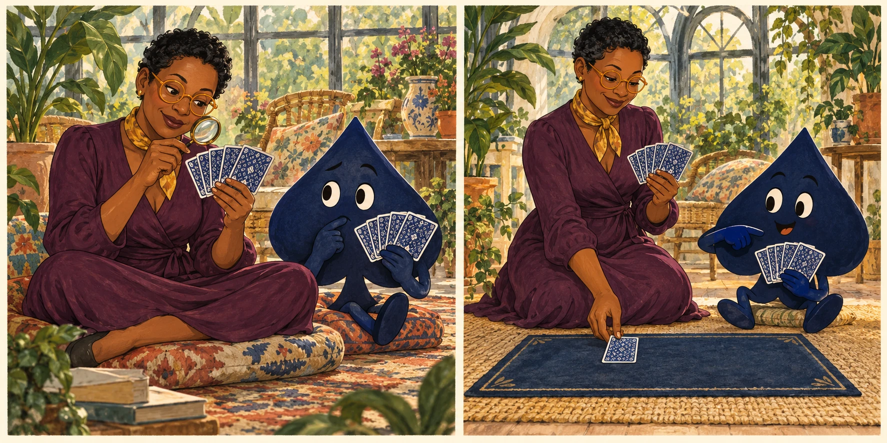 In a two-panel conservatory scene, Imani examines card backs with a magnifying glass, then places one aside as the navy spade points to its retained cards.