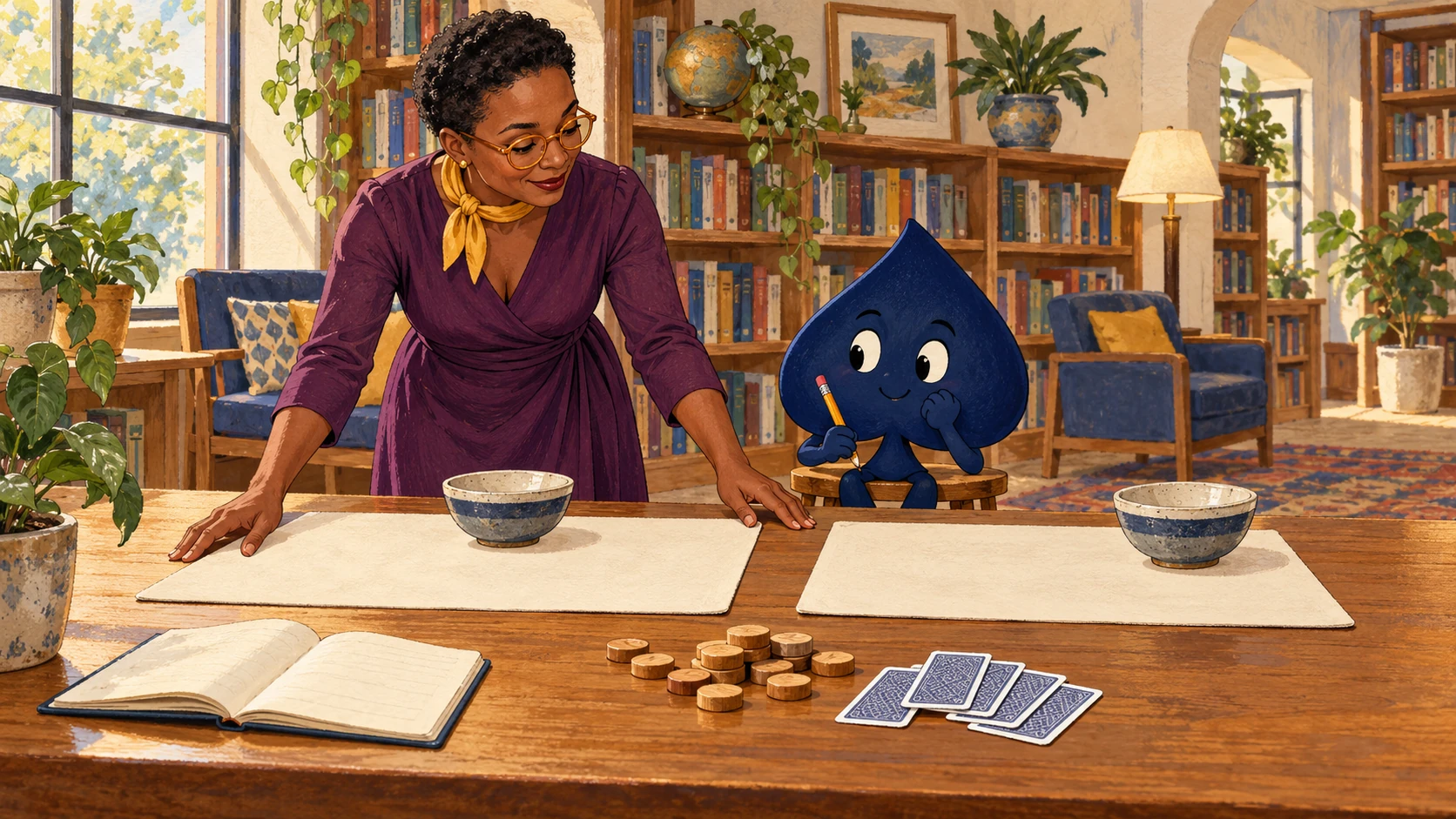 Imani, a Black teacher with short natural hair, amber glasses and a plum dress, separates two study mats while the navy spade watches with a pencil.