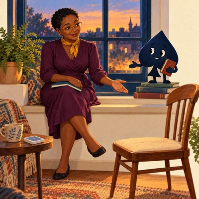 Imani sits on a windowsill with a notebook and gestures toward an empty chair while the navy spade stands on books holding its own notebook.
