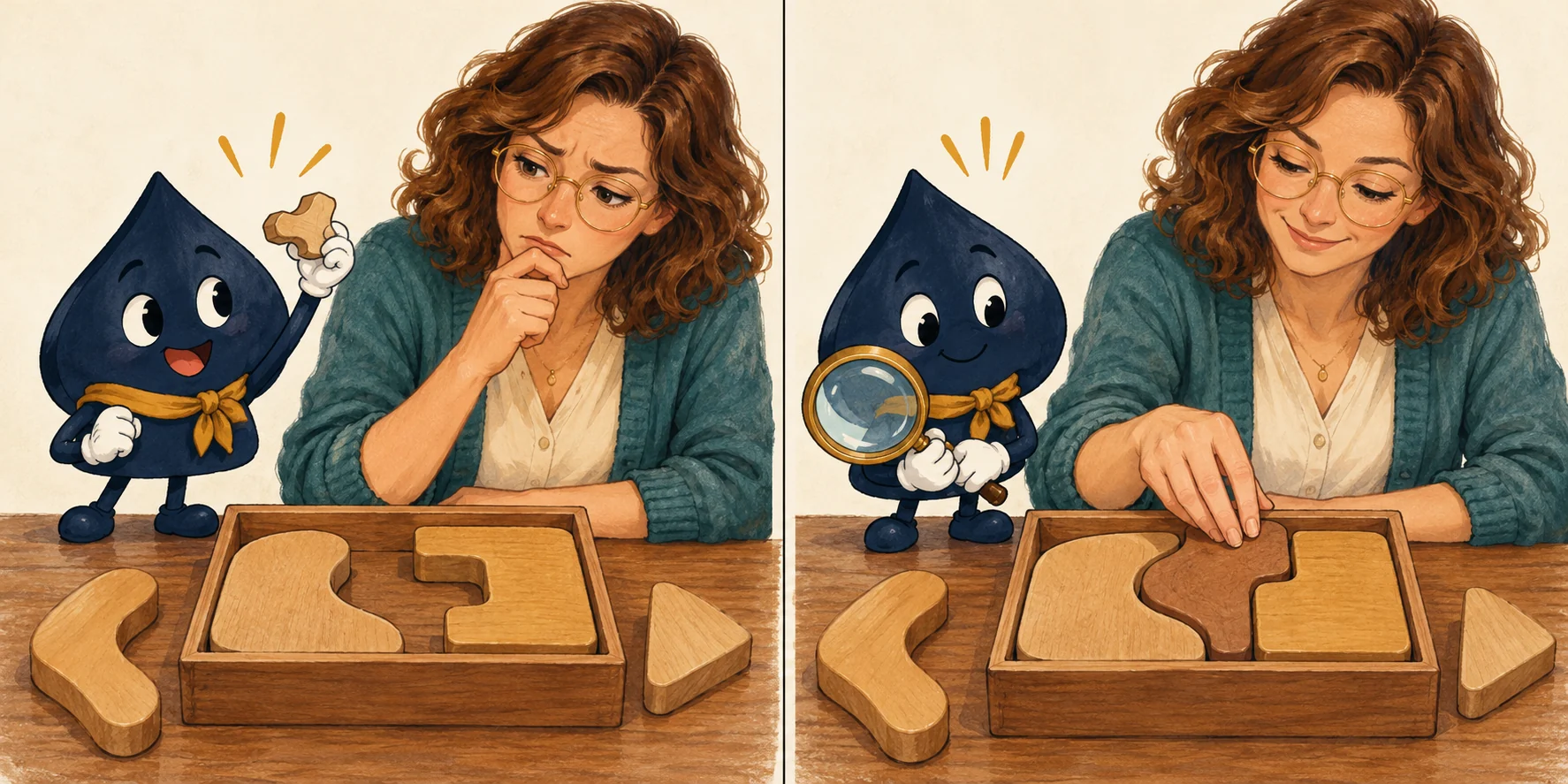 In a two-panel comic, the HPD spade chooses a wooden piece, then Mara checks a different arrangement in the tray.