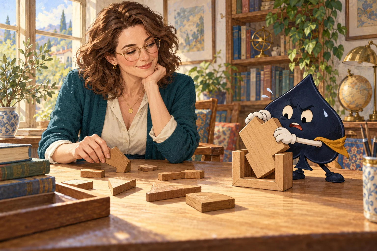 Mara watches the navy HPD spade try to fit an oversized wooden piece into a small frame.