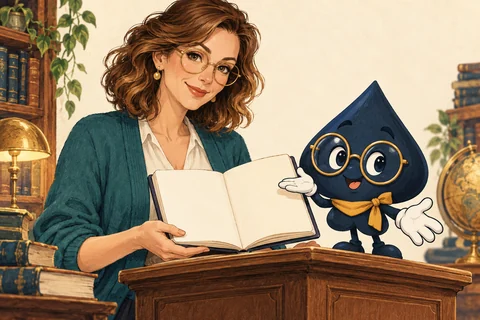 Mara opens a blank notebook while the navy HPD spade in oversized reading glasses invites the reader to continue.