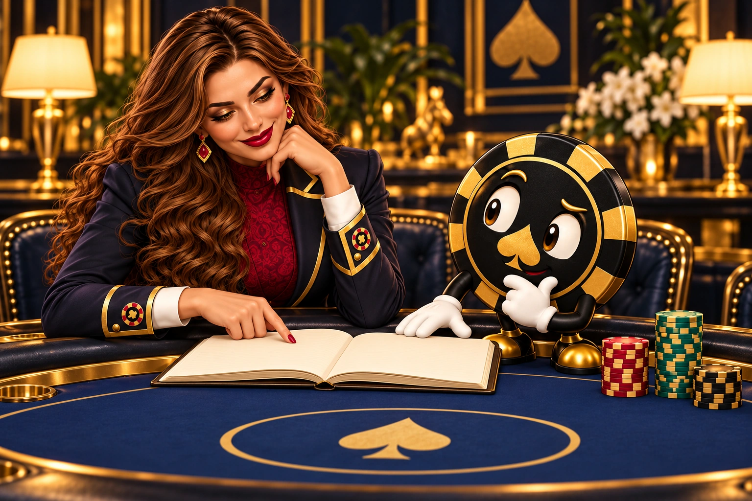 Victoria and Ace the HPD spade review an unmarked notebook while the chip stacks stay on the table.