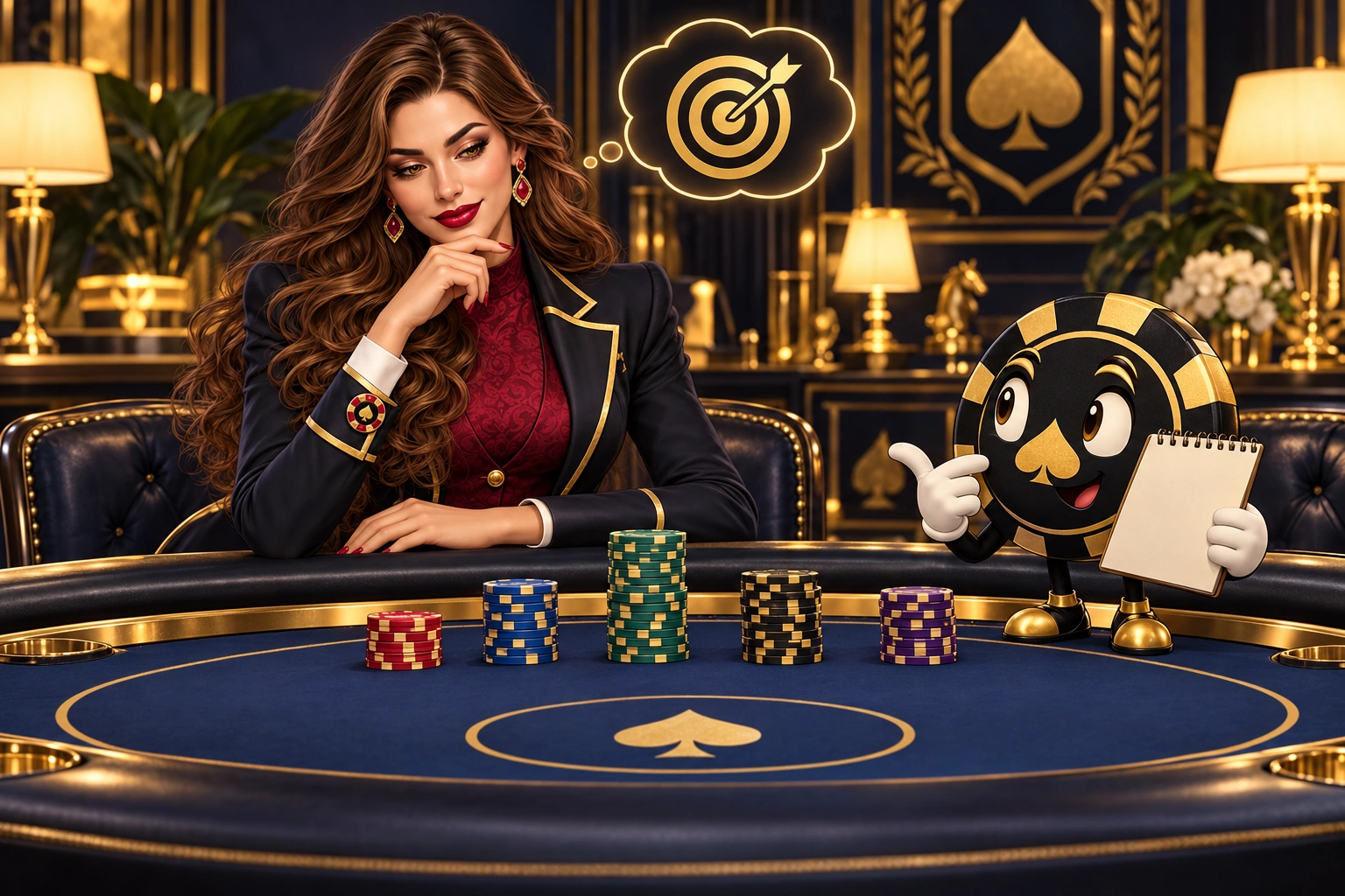 Victoria considers different chip stacks while Ace the HPD spade holds an unmarked notepad.