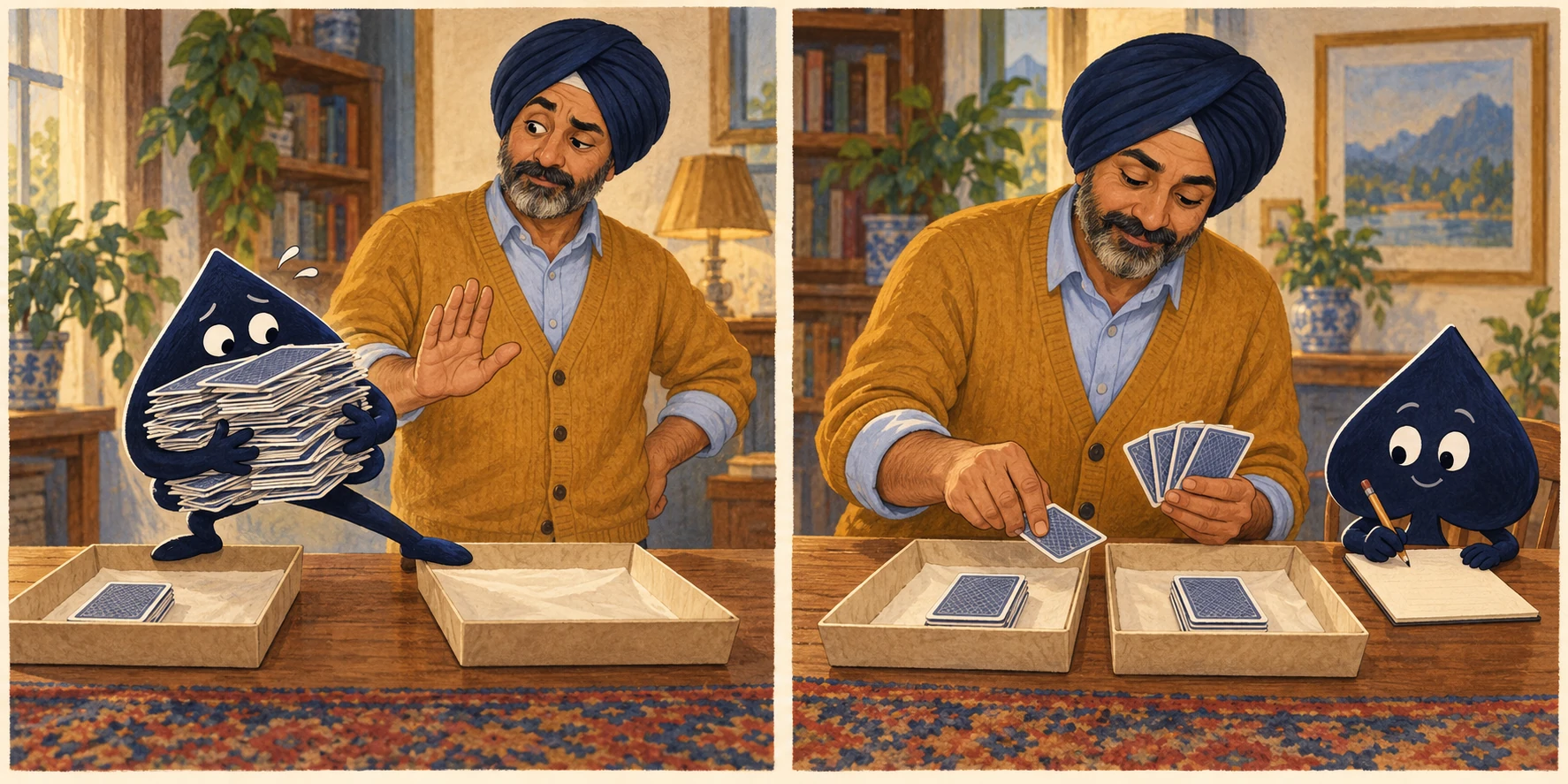 In a two-panel comic, the spade struggles with a large pile of card backs while Harjit pauses it, then helps organize a smaller selection into separate review trays.