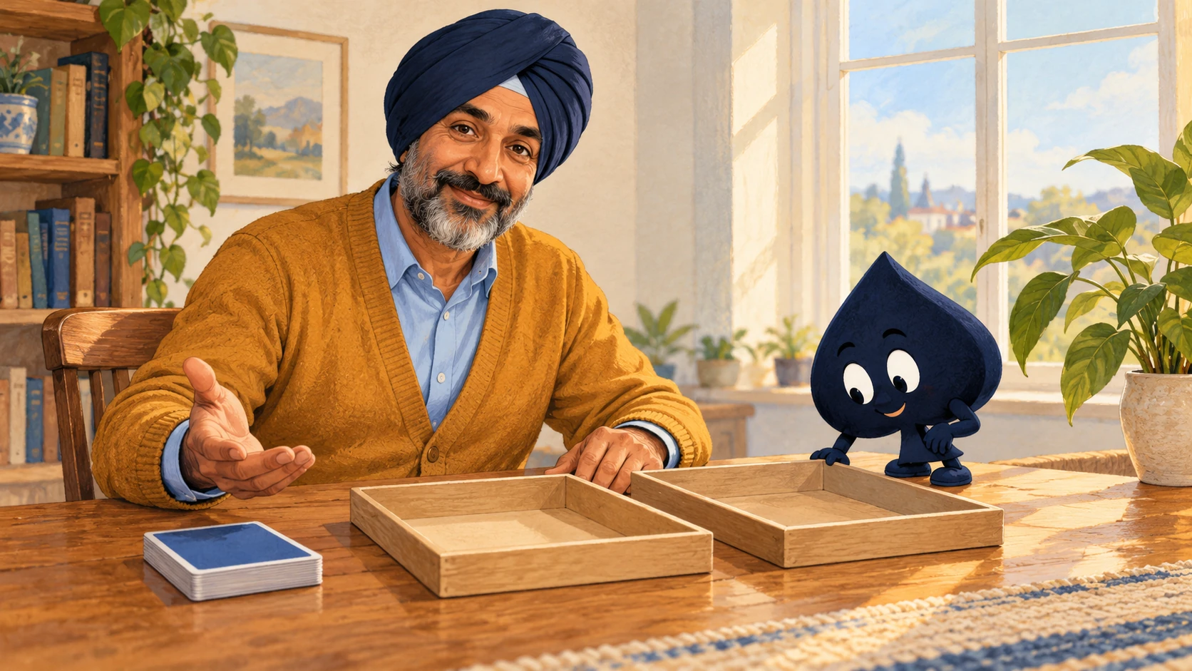 Harjit, a teacher with a navy turban, salt-and-pepper beard and ochre cardigan, welcomes the HPD spade beside two empty sorting trays.
